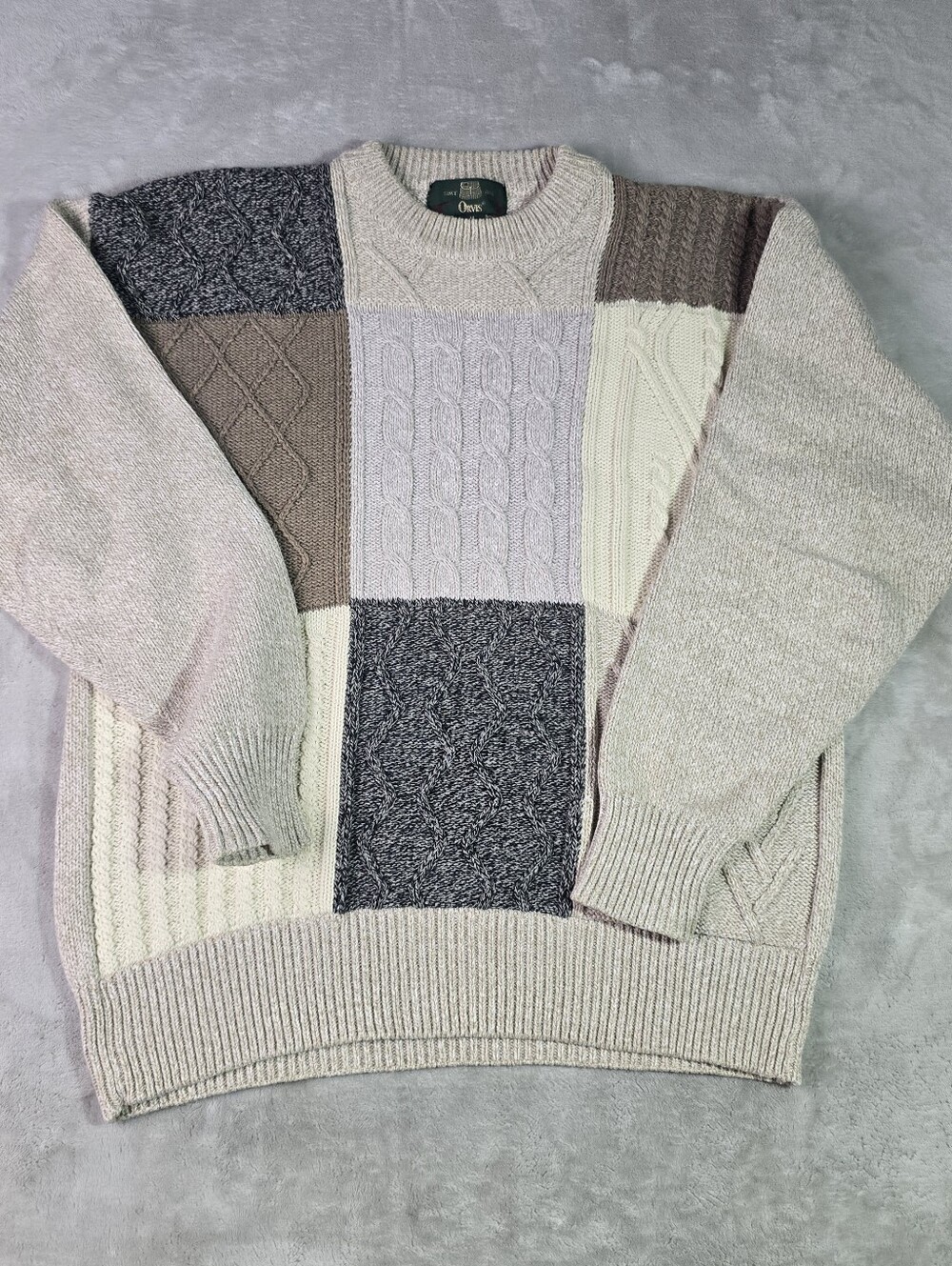 Orvis Mens Patchwork Sweater Sz Med Beige Colorblock Cable Knit Crewneck - Picture 1 of 8